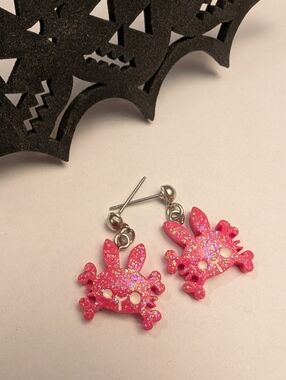 Pink Glitter Goth Bunny Skull Dangle Earrings